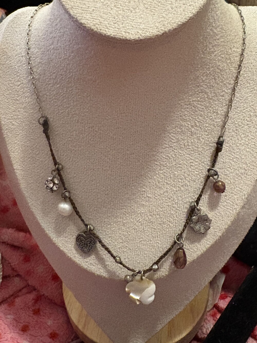 Silver Tone Flower Charm Necklace with Mixed Beads and Charms